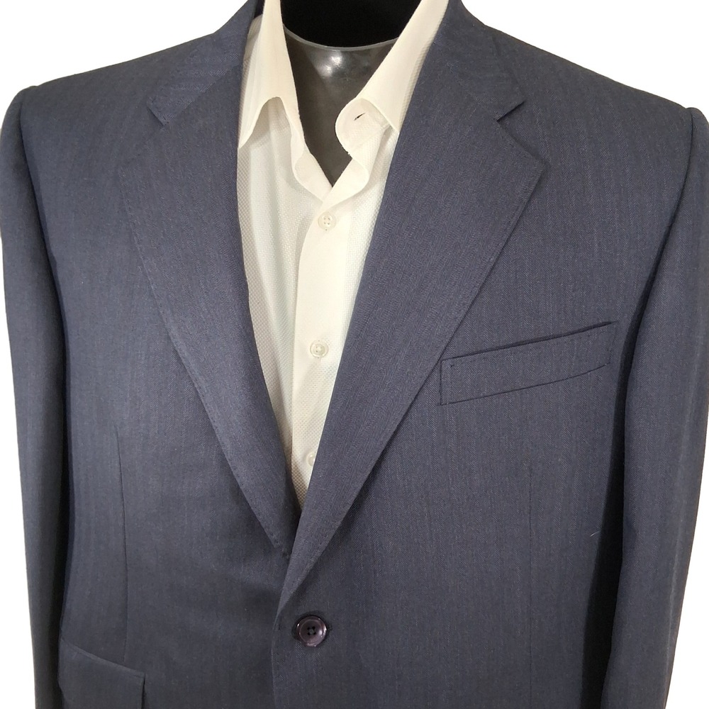 Holland & Sherry Custom Sport Coat 46R Relaxed Blue Herringbone  Super 100s Wool